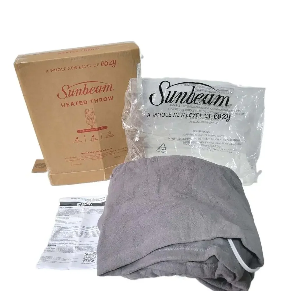 Sunbeam Heated Throw Blanket Gray Fleece 4 Heat Settings 4 Hour Auto-Off